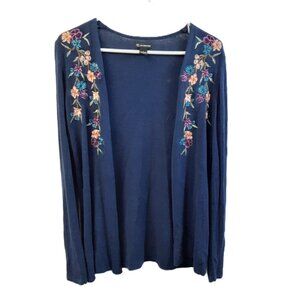 New Directions Knit Cardigan L Embroidery Blue Floral Long Sleeve Cotton Blend